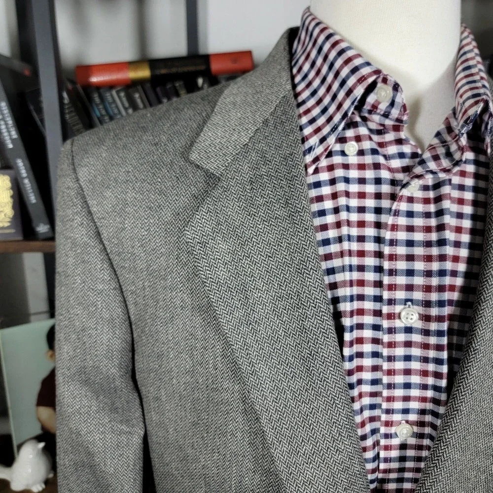 Town Craft Mens Sport Coat Blazer Two Button Gray Herringbone Silk Poly Wool 43L